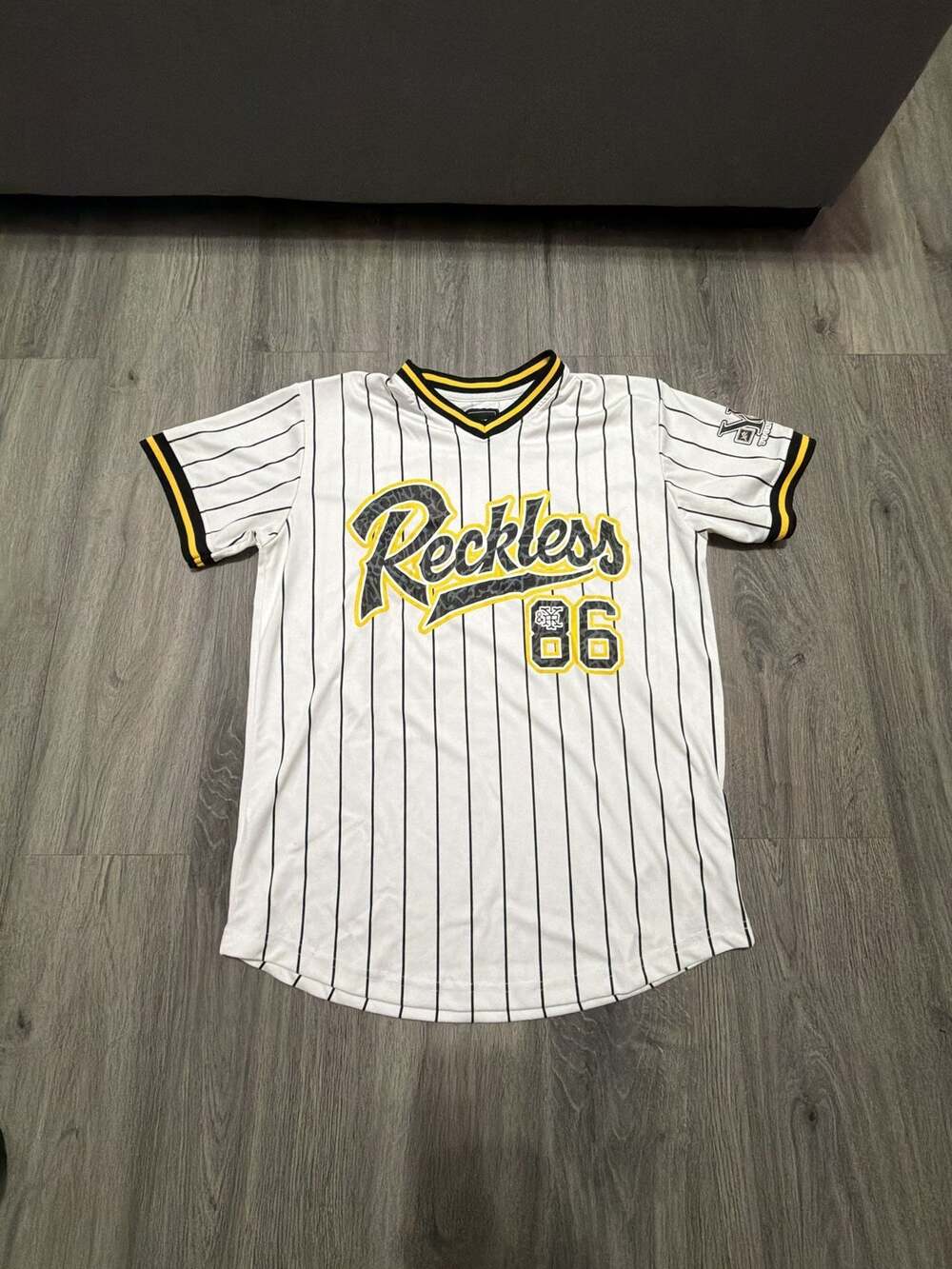 Young & Reckless Pinstripe Baseball Jersey 86 White Yellow Black